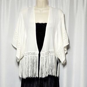 Vintage Havana White Lace & Fringed Boho Duster Cardigan Wrap Women's (L**)